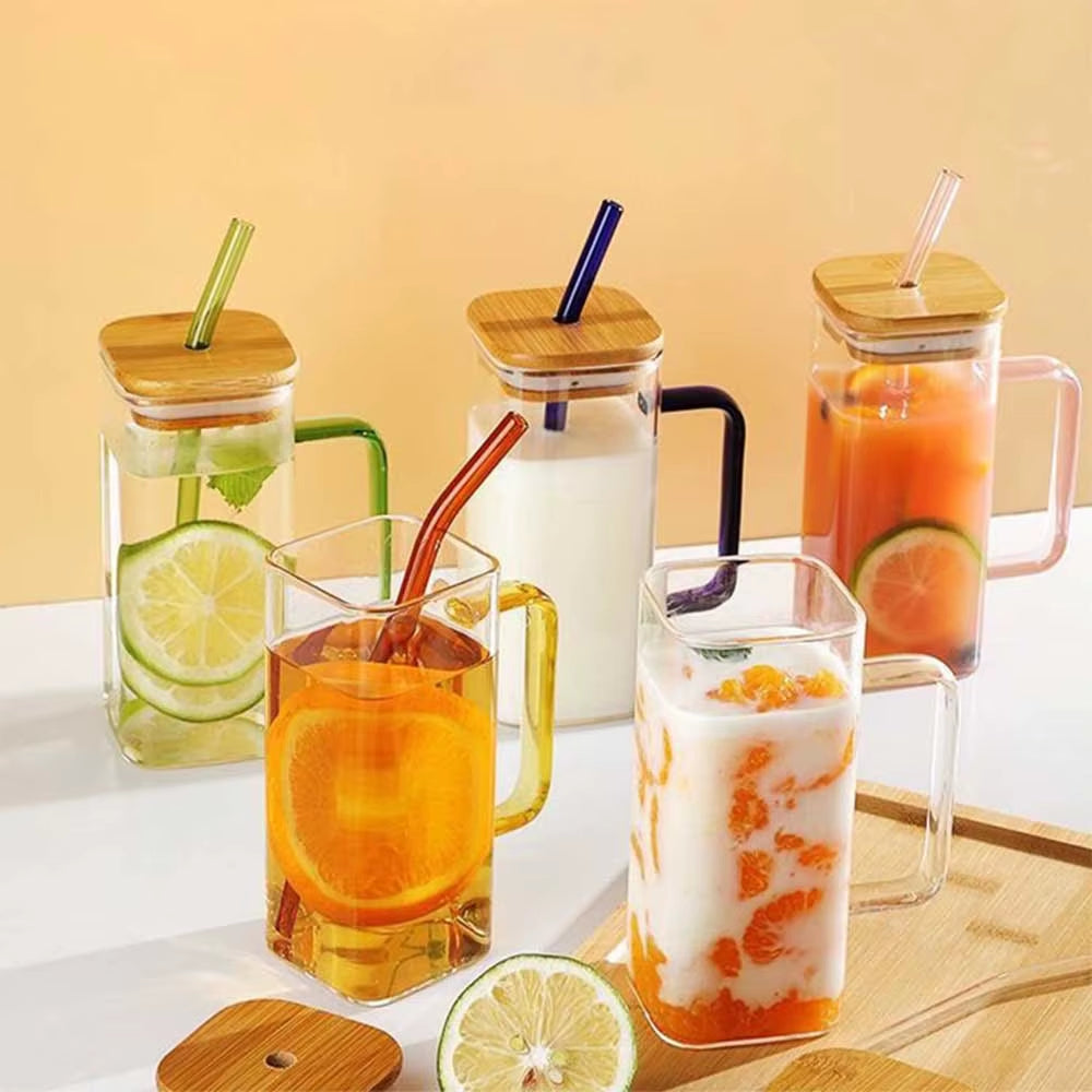 400Ml Square Glass Cup Heat Resistant Milk Coffee Mug Transparent Breakfast Cup Juice Beer Glass Home Office Drinkware