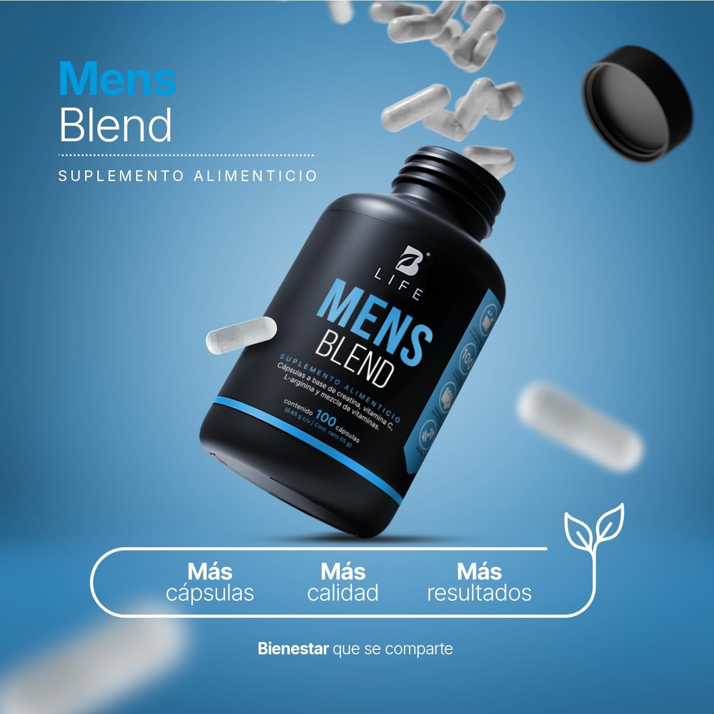 B Life Multivitamínico para Hombre | 100 Cápsulas | 650 mg por cápsula | Creatina Monohidratada, BCAA 2:1:1 | Mens Blend.