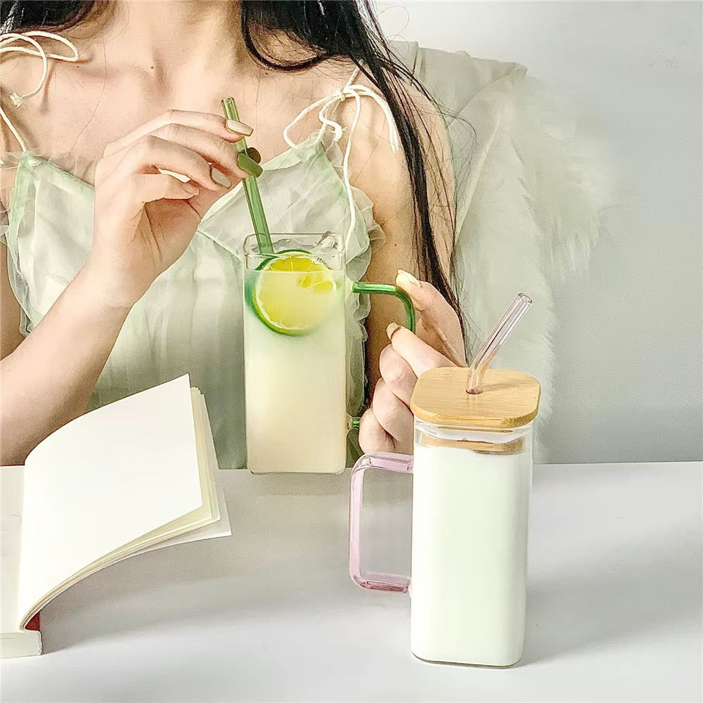 400Ml Square Glass Cup Heat Resistant Milk Coffee Mug Transparent Breakfast Cup Juice Beer Glass Home Office Drinkware